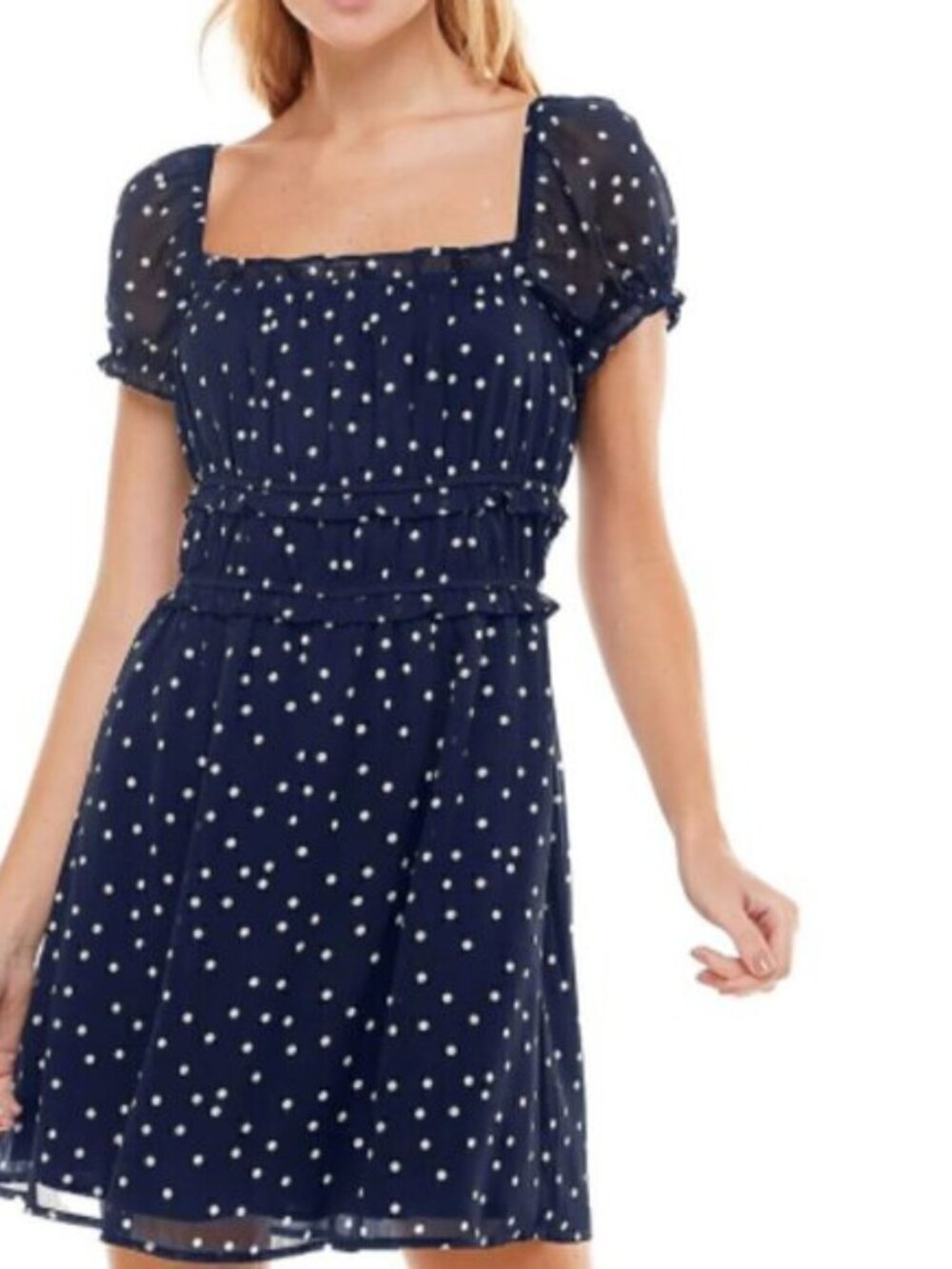 Trixxi SZ XL Black & white polka dot dress peasant neckline smocking puff sleeve